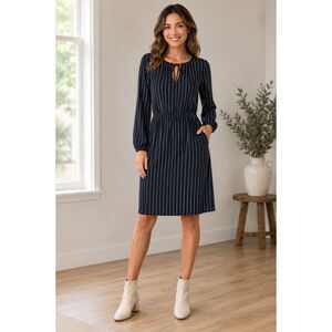 Old Navy Women's Small Pinstripe Midi Dress NWT Long Sleeve Lace-Up Black White